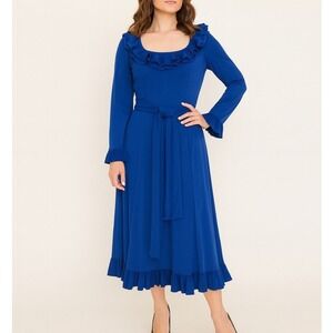 VINTAGE Victor Costa Blue‎ Ruffle Dress Sz 10 Long Sleeve Nylon Tie Belt